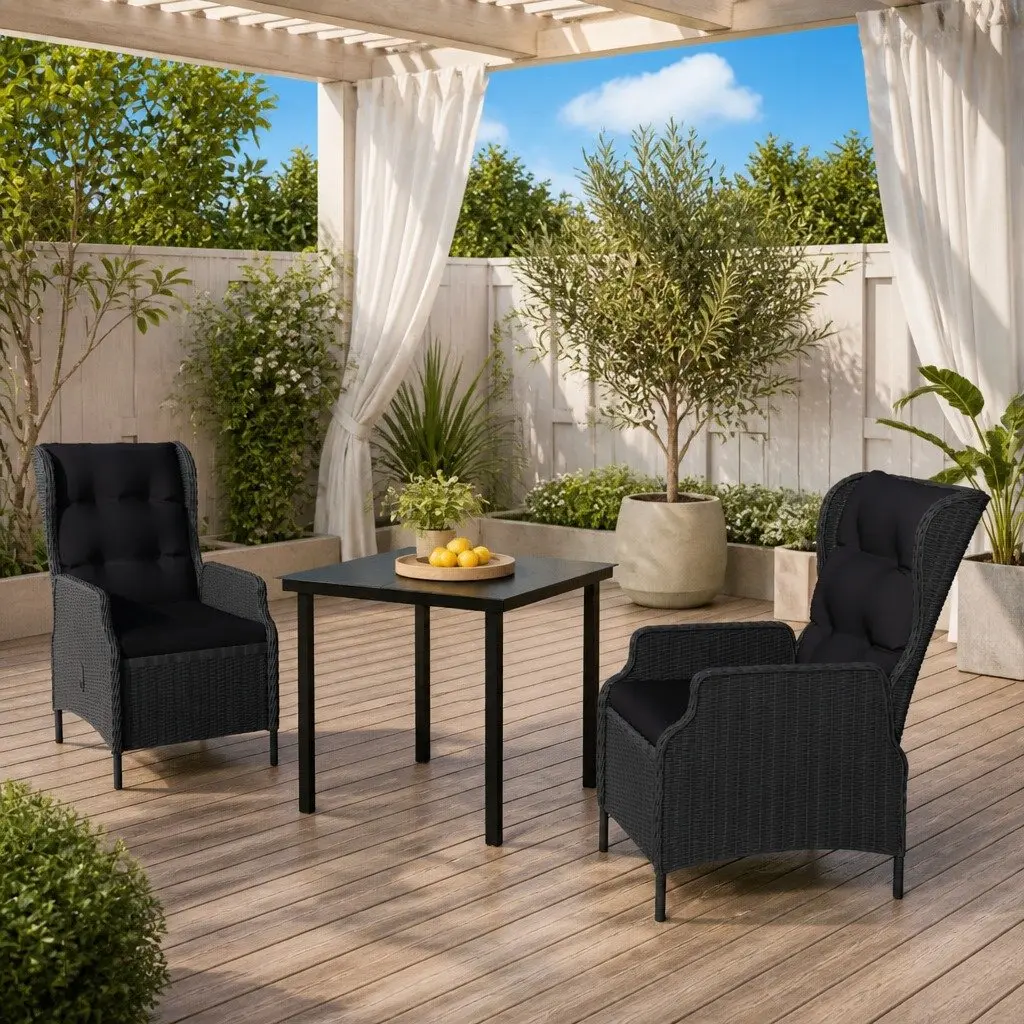 Garden Dining Set 3 Piece Outdoor Patio Furniture Reclining Chairs Glass Table