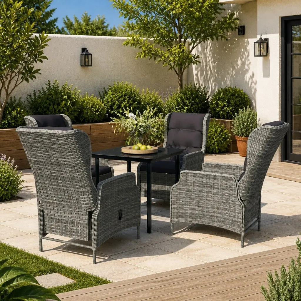 5 Piece Garden Dining Set Outdoor Use Steel Frame PE Rattan Chairs Glass Table