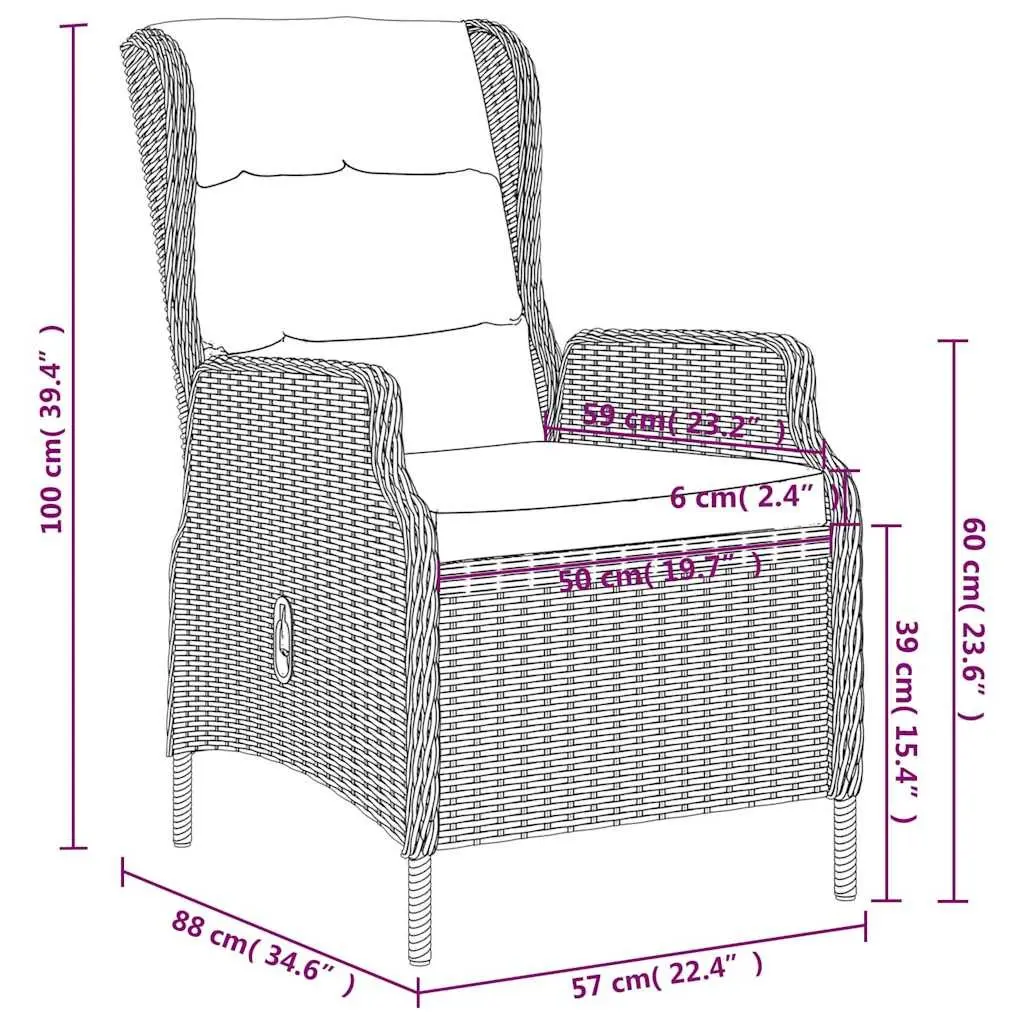3 Piece Garden Dining Set Patio Grey Glass Table and Reclining Chairs Outdoor
