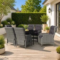 7 Piece Garden Dining Set - Grey Rattan & Glass