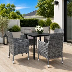 5 Piece Outdoor Dining Set: Grey Glass Table & Rattan Chairs