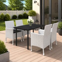 5 Piece Outdoor Dining Set Featuring Glass Table, Rattan Chairs and Cushions