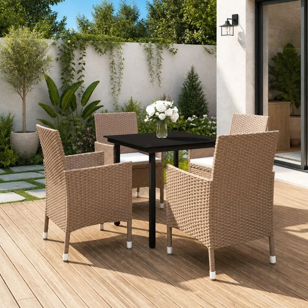 Garden Dining Set 5 Piece Outdoor Use Beige PE Rattan Chairs Table with Cushions