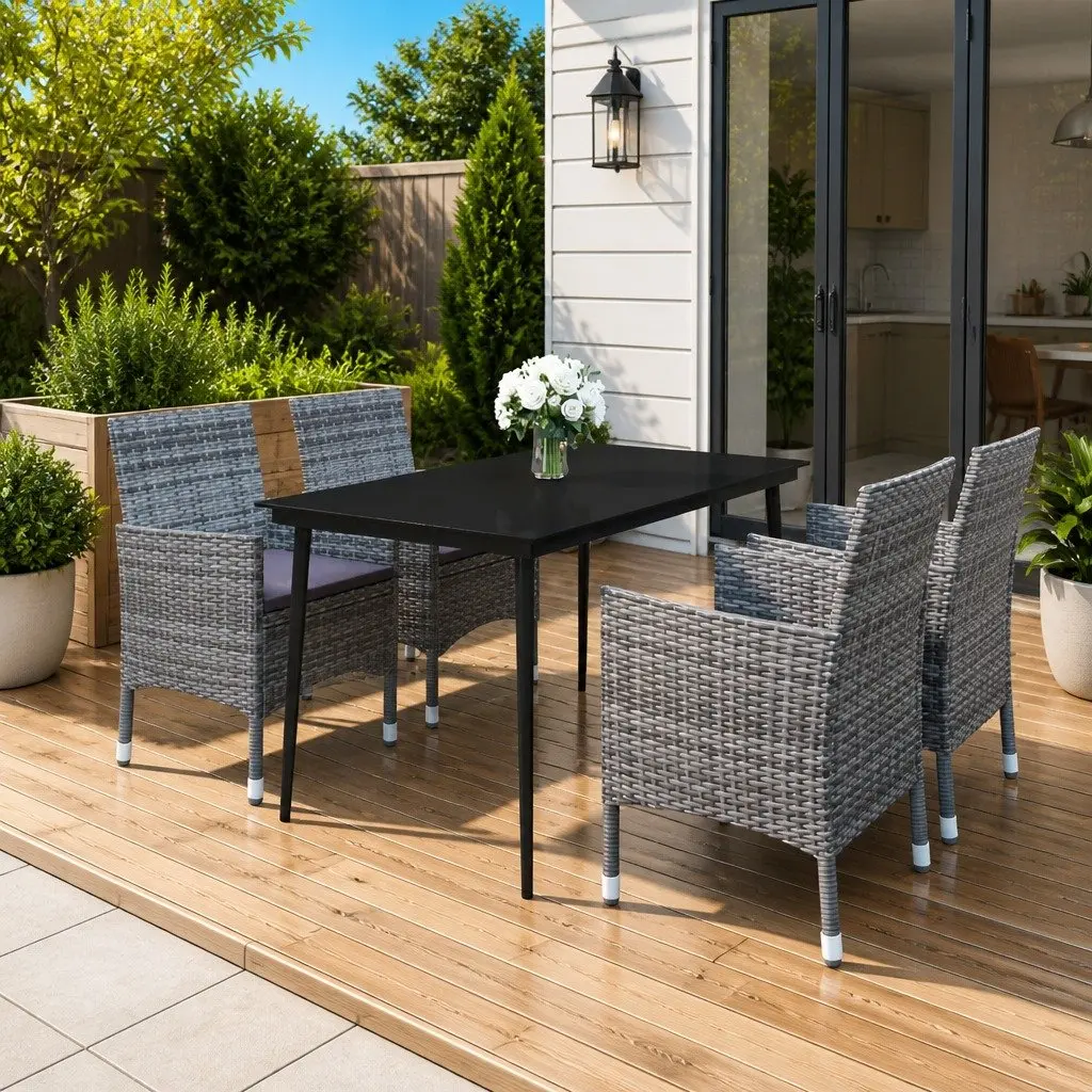 Garden Dining Set Outdoor 5 Piece Grey Poly Rattan Chairs Glass Table