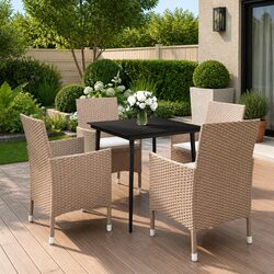 Garden Dining Set 5 Piece Outdoor Furniture Poly Rattan Chairs Glass Table Beige