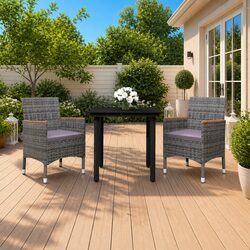 3-Piece Garden Dining Set - Grey PE Rattan Chairs & Glass Table