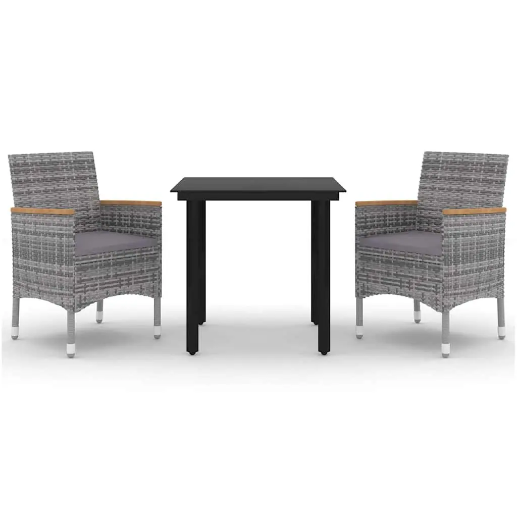 Garden Dining Set Outdoor Use 3 Piece Grey PE Rattan Chairs Glass Table