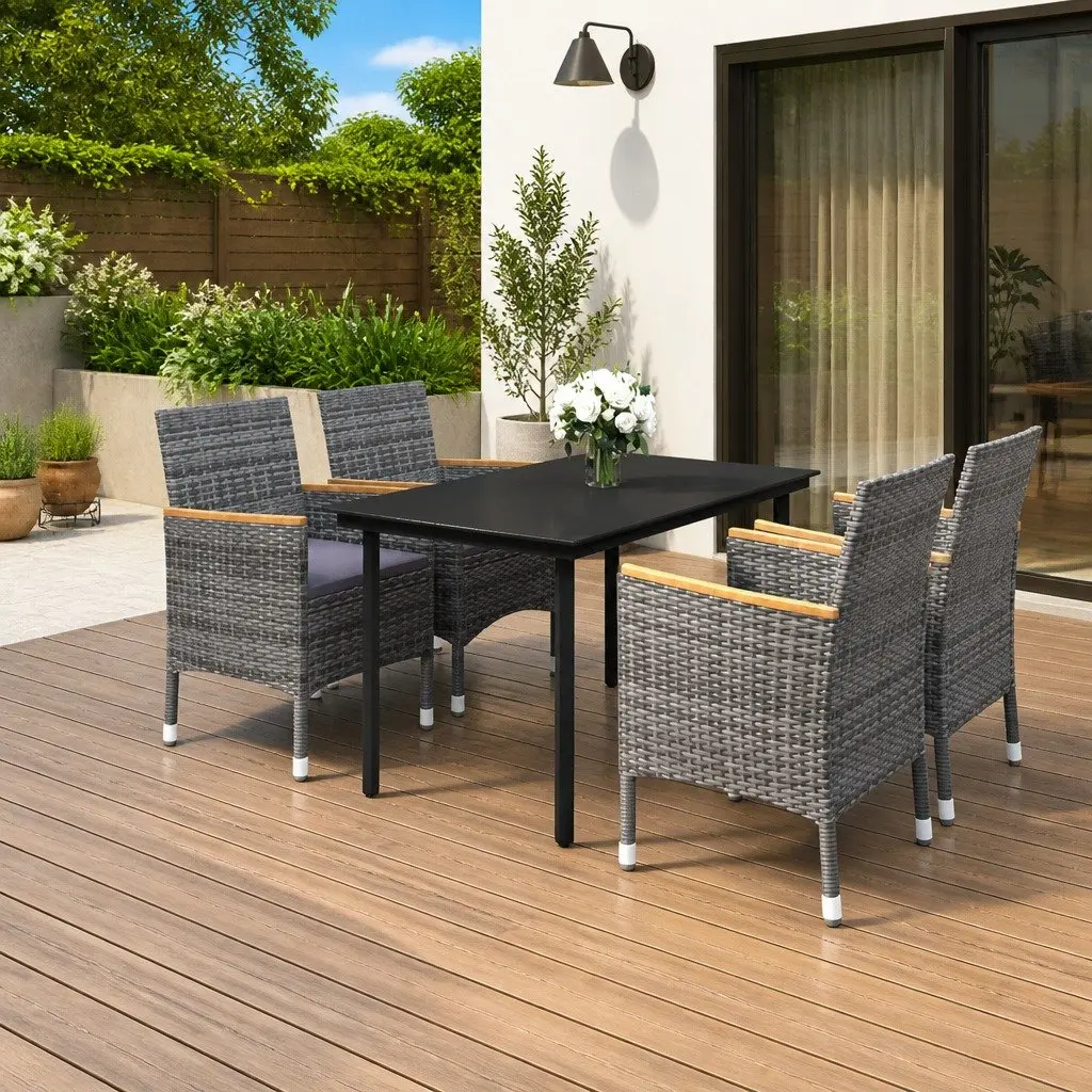 Garden Dining Set Outdoor Use 5 Piece Grey Poly Rattan Glass Table Chairs