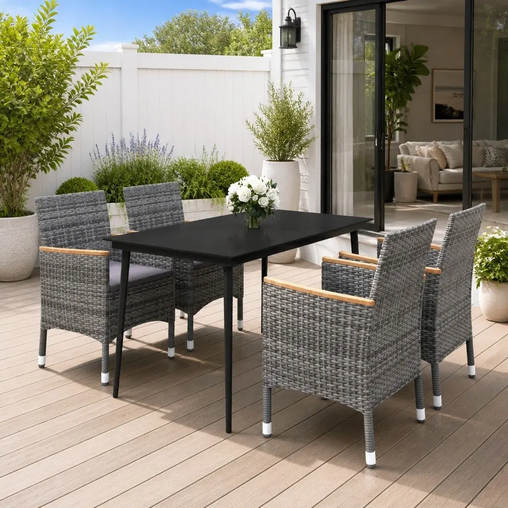 Garden Dining Set 5 Piece Outdoor Furniture PE Rattan Glass Top Chairs Cushions