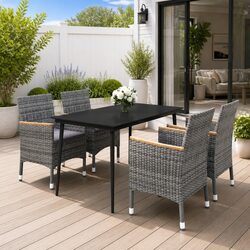 5 Piece Garden Dining Set: PE Rattan & Glass Table