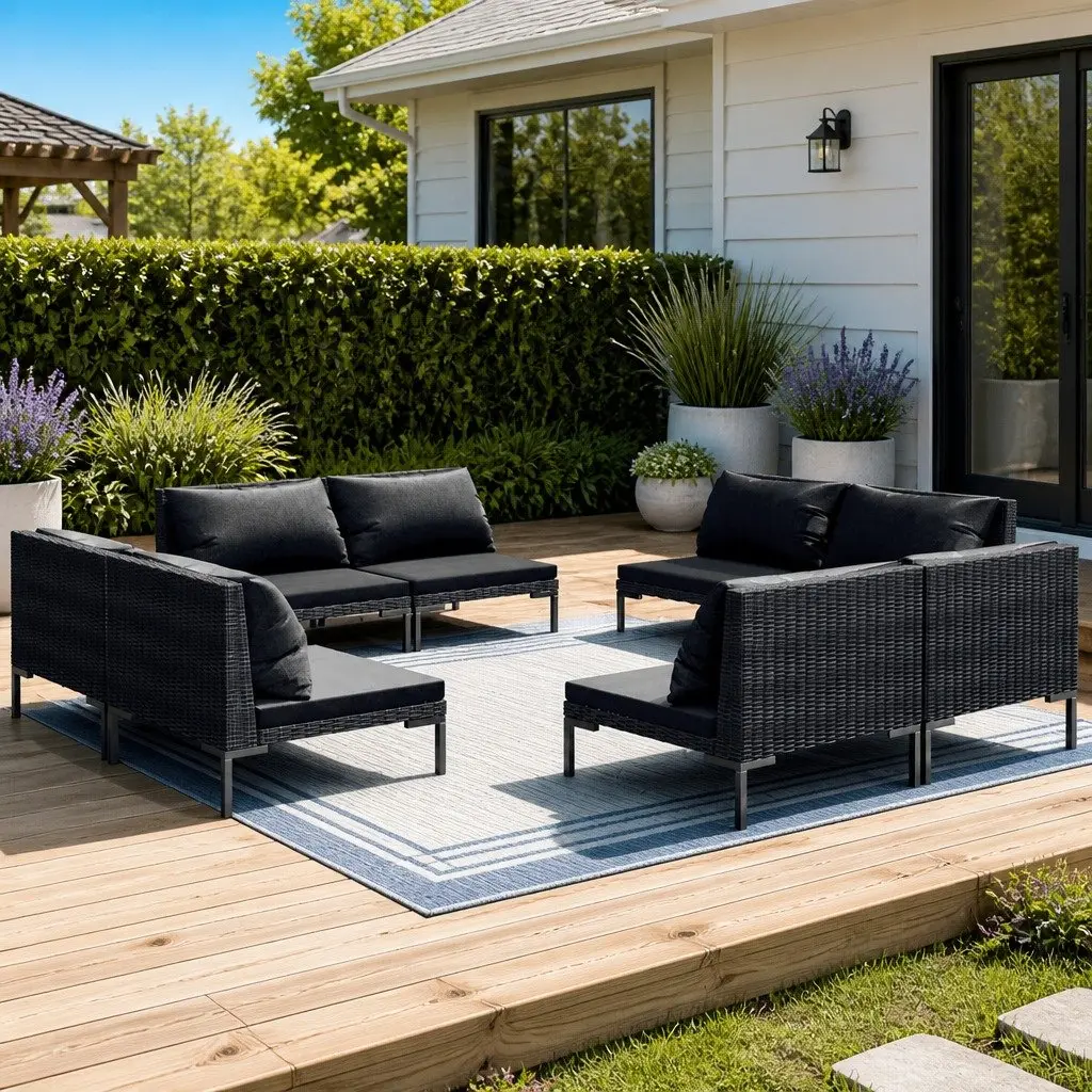 Garden Lounge Set Outdoor Furniture 8 Piece Grey Rattan Patio Sofa with Cushions
