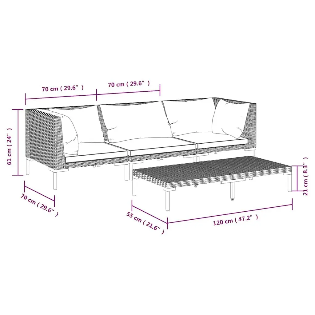 4 Piece Garden Lounge Set Outdoor Patio Furniture Grey Cushions