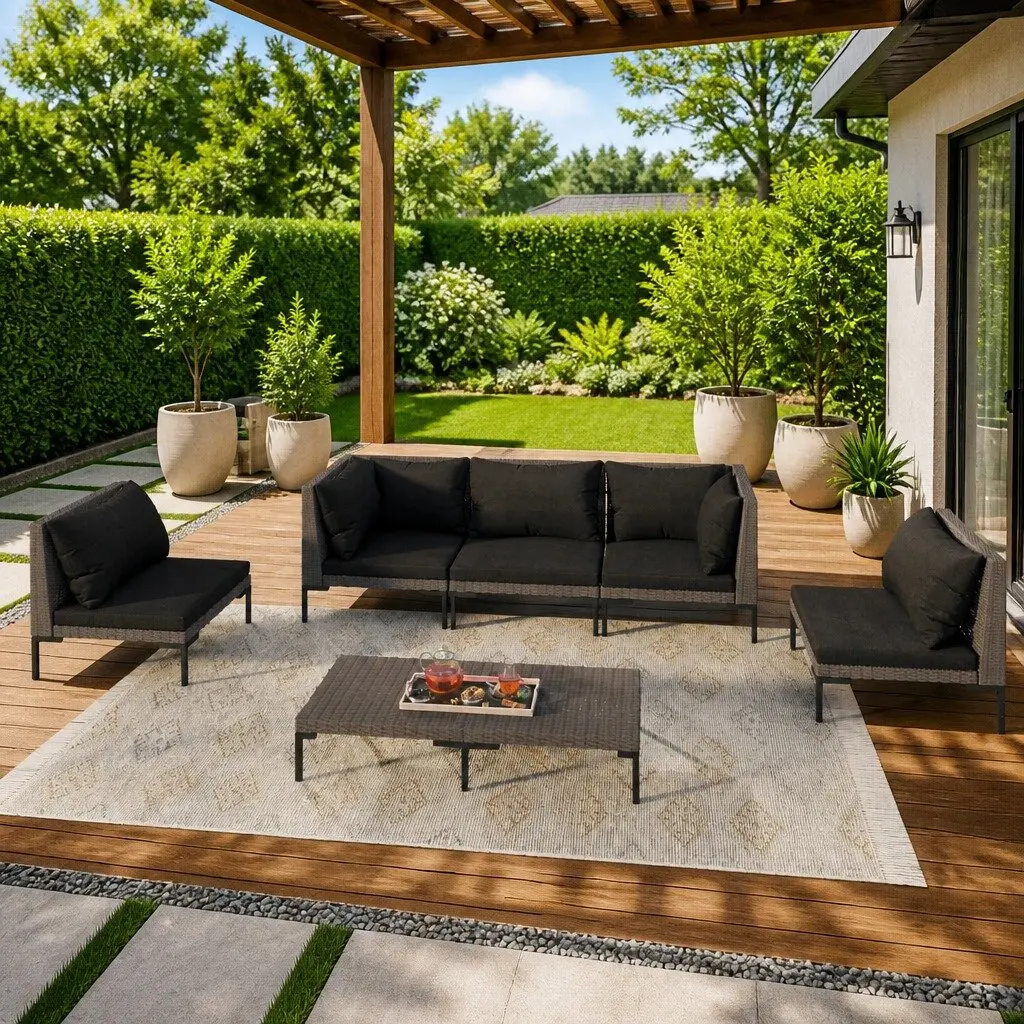 Garden Lounge Set Outdoor Patio Furniture 6 Piece Grey Rattan Sofa with Cushions