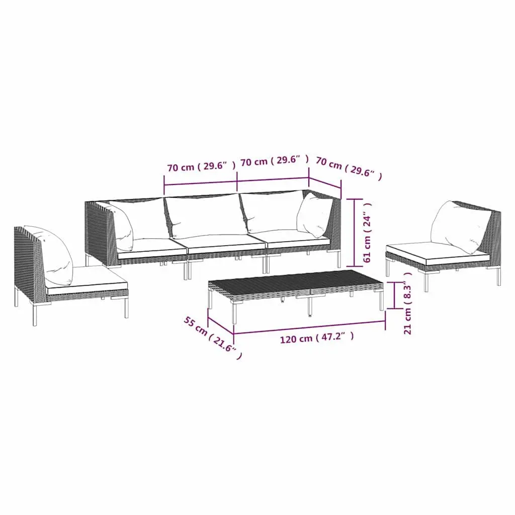 Garden Lounge Set Outdoor Patio Furniture 6 Piece Grey Rattan Sofa with Cushions