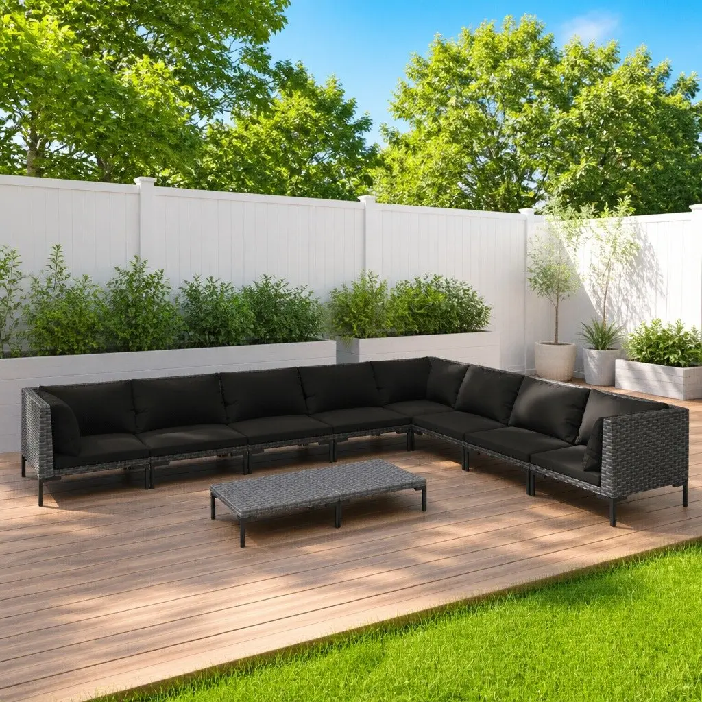 9 Piece Outdoor Garden Lounge Set Patio Furniture for Relaxing with Cushions Grey Rattan