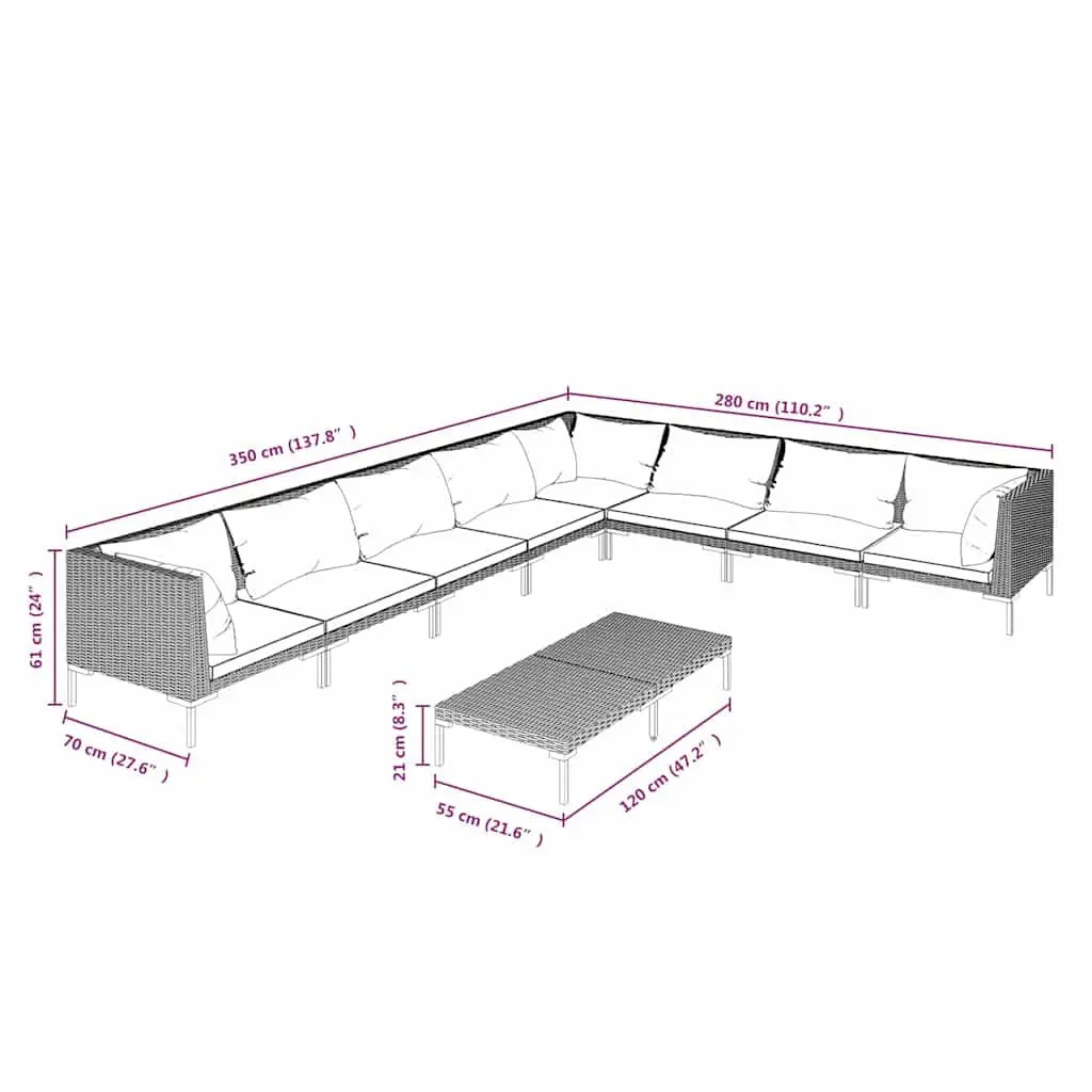 9 Piece Outdoor Garden Lounge Set Patio Furniture for Relaxing with Cushions Grey Rattan