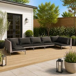 Garden Lounge Set 7 Piece Outdoor Patio Furniture Grey Poly Rattan Sofa with