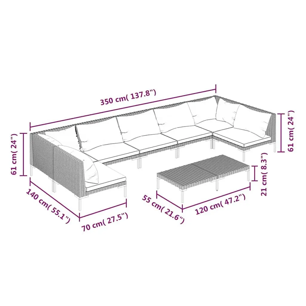 Outdoor Furniture Set 8 Piece Patio Garden Lounge Grey Rattan with Thick Cushions and Steel Frame