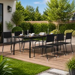 Garden Dining Table Black Steel Frame Glass Top Outdoor Patio Furniture