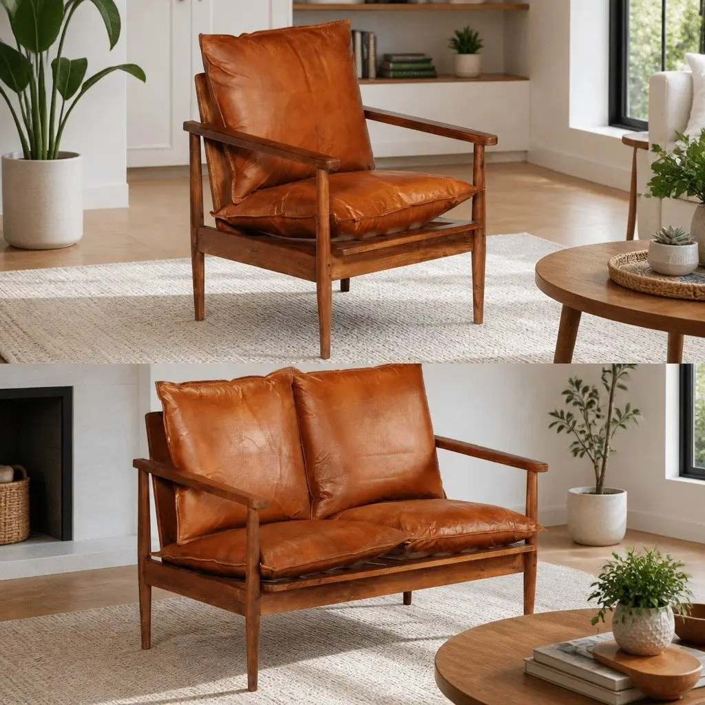 2 Piece Sofa Set Living Room Brown Real Leather Solid Acacia Wood