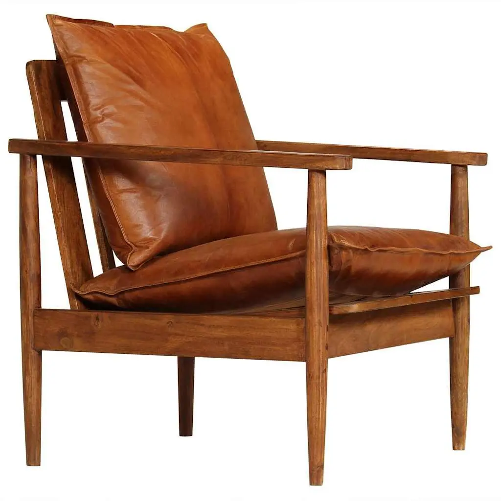 2 Piece Sofa Set Living Room Brown Real Leather Solid Acacia Wood