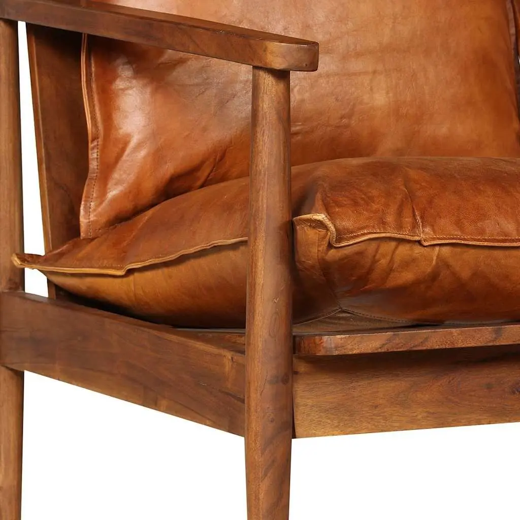 2 Piece Sofa Set Living Room Brown Real Leather Solid Acacia Wood