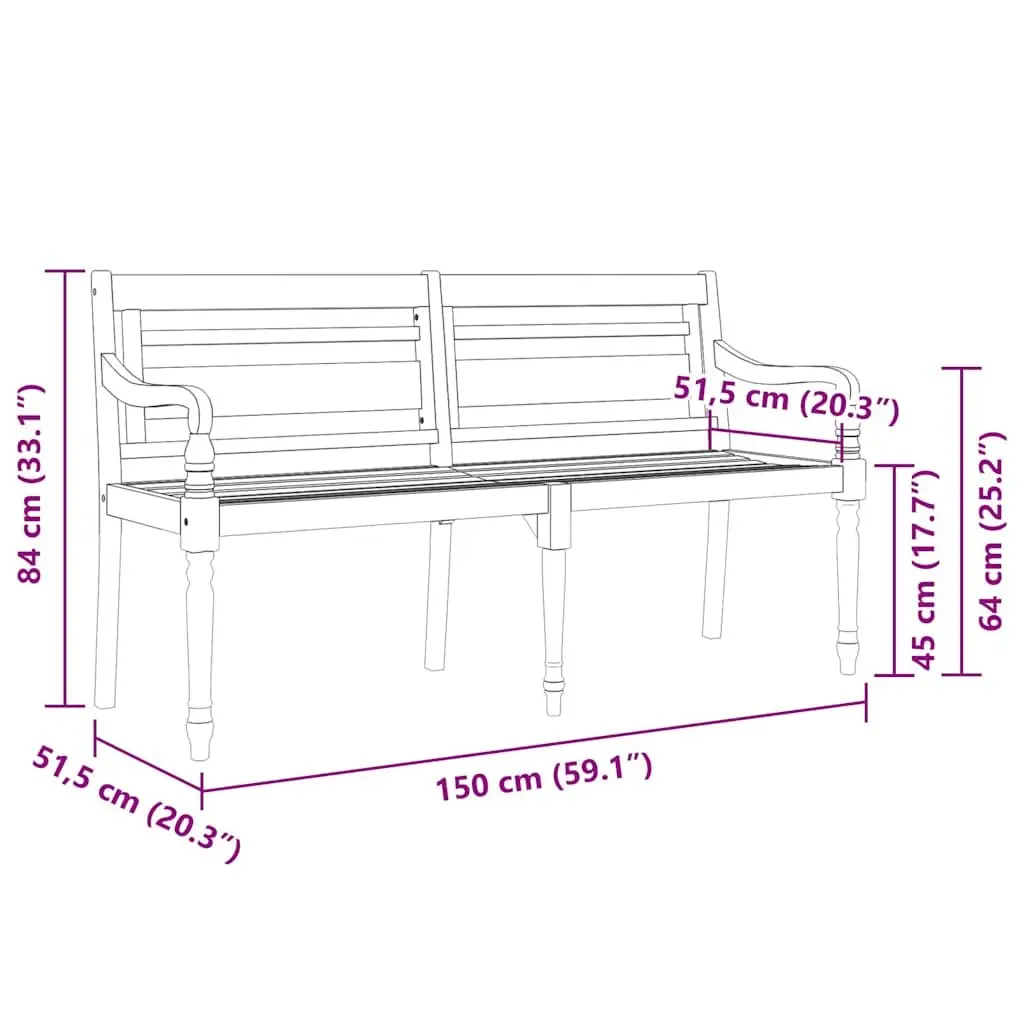 Outdoor Bench Garden Patio Seating 150cm with Armrests Backrest Cushion