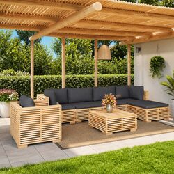 7 Piece Lounge Set: Solid Teak and Cushions Included
