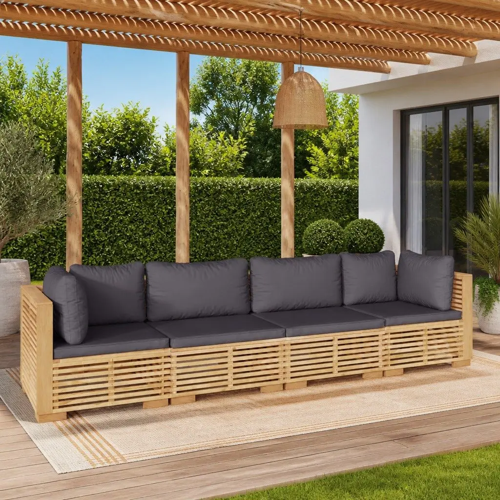 Teak Wood Garden Lounge Set 4 Piece Outdoor Furniture with Cushions Brown