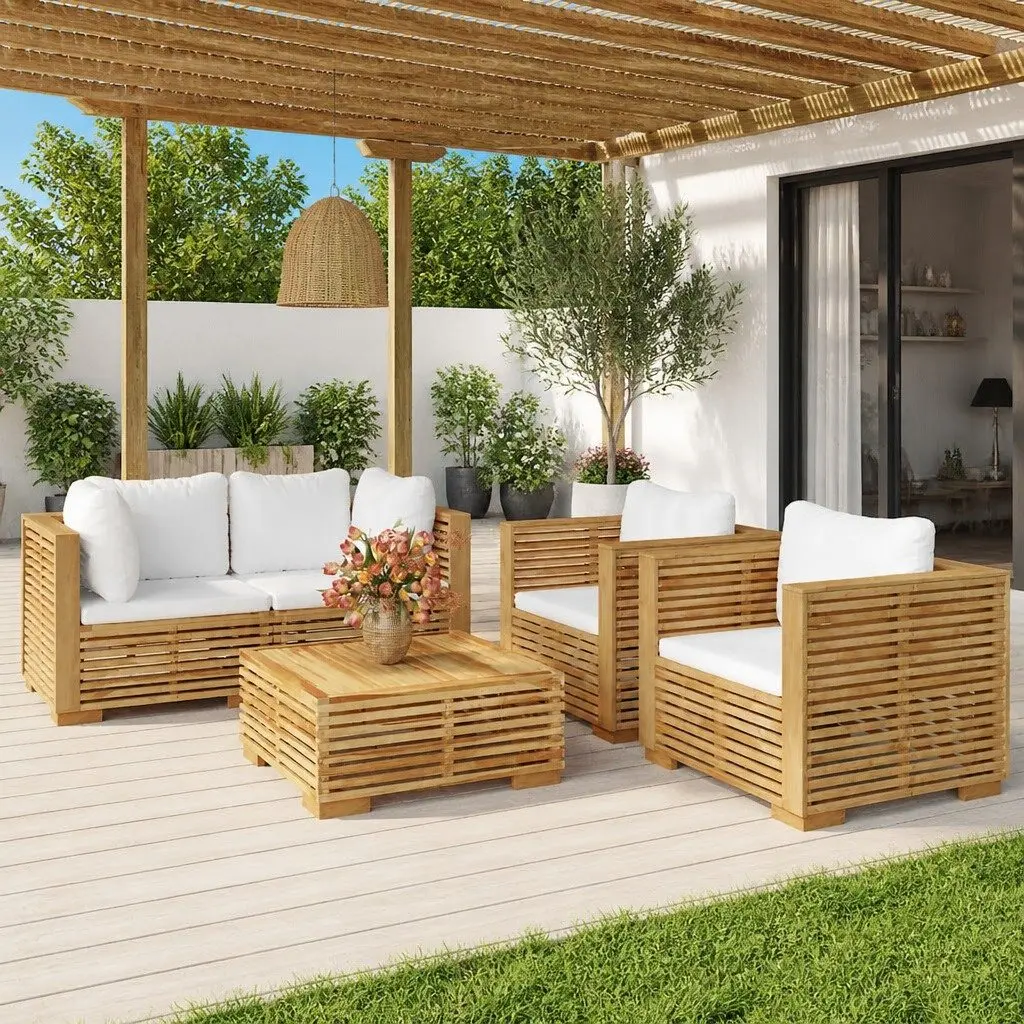 Garden Lounge Set Outdoor Furniture 5 Piece Solid Teak Wood with Cushions Brown
