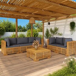 6 Piece Garden Lounge Set Details: Solid Teak, Brown Cushions