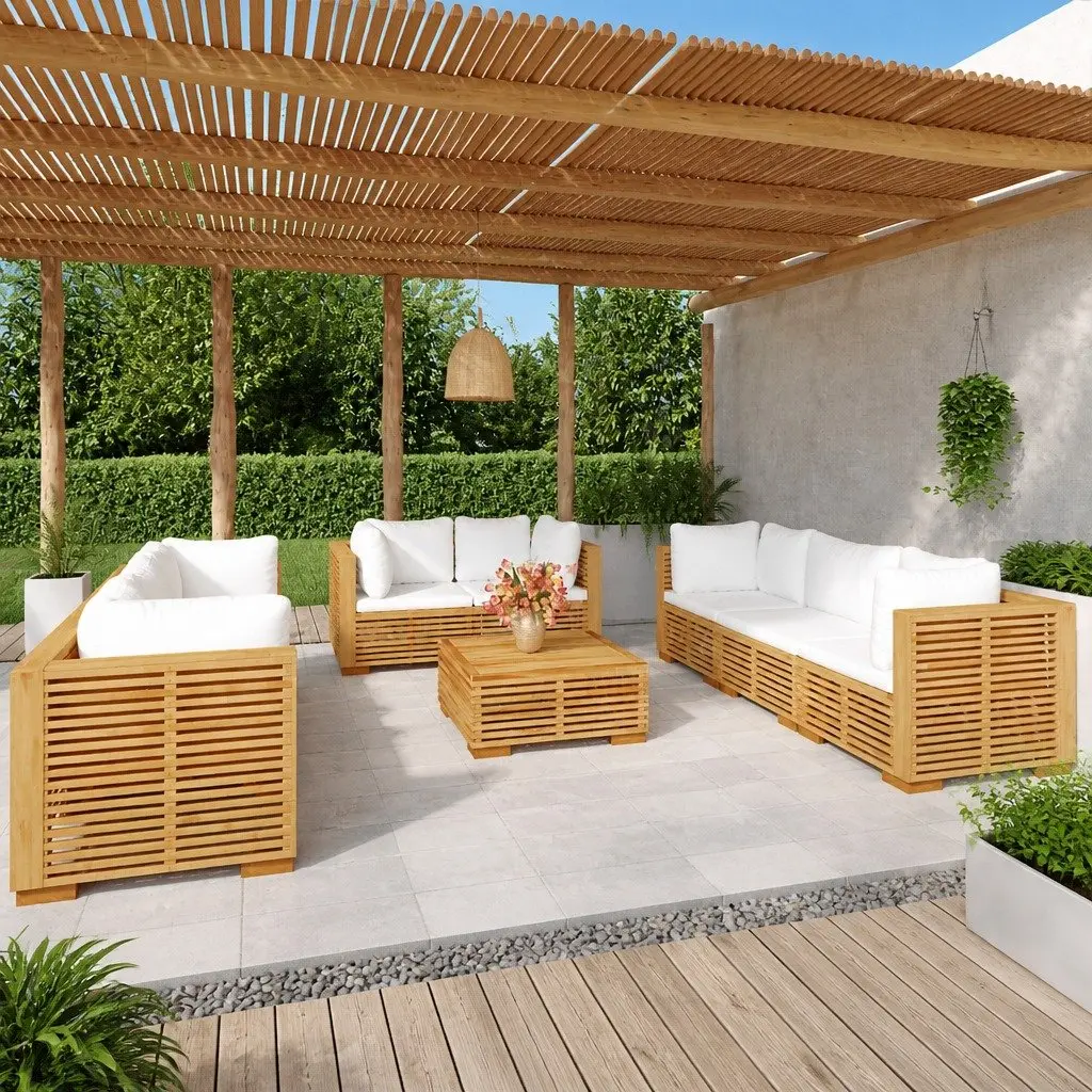 9 Piece Outdoor Lounge Set Garden Furniture with Cushions Teak Wood Brown