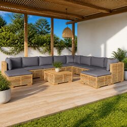 Garden Lounge Set 11 Piece Outdoor Furniture Teak Wood with Cushions Brown