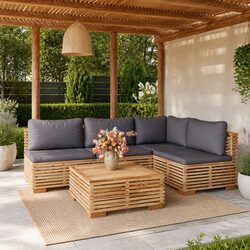 Garden Lounge Set 5 Piece Outdoor Furniture Teak Wood with Cushions Brown