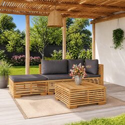 4 Piece Outdoor Garden Lounge Set: Solid Wood and Cushions