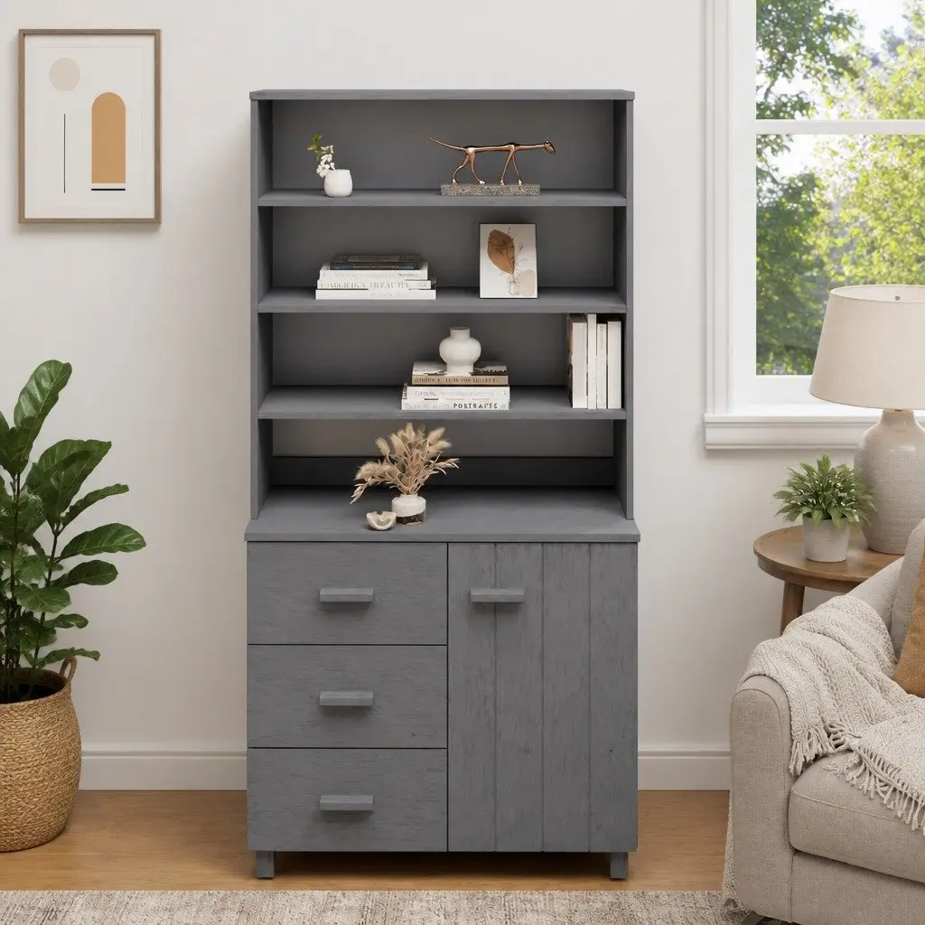 Grey Wooden Highboard Sideboard Storage Cabinet
