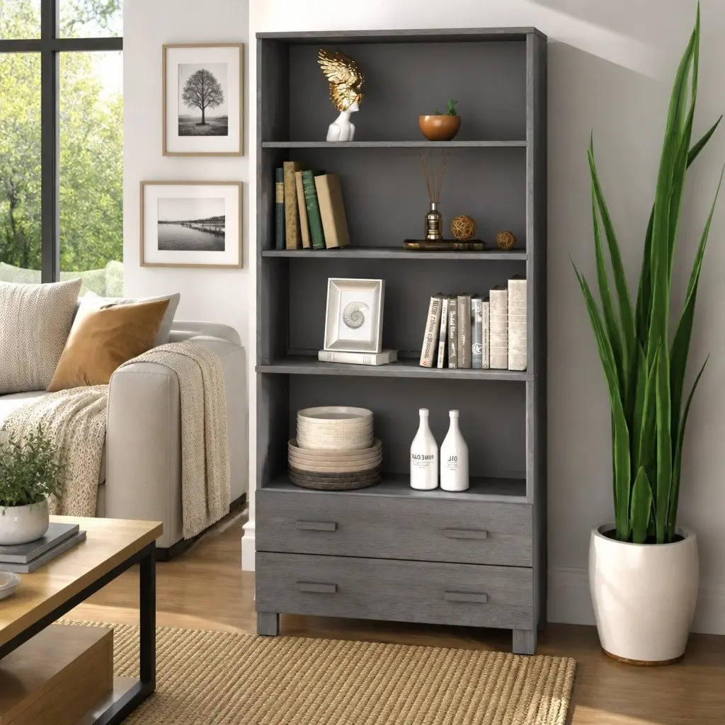 Solid Pine Wood Highboard Sideboard Storage Cabinet Grey Shelves Drawers