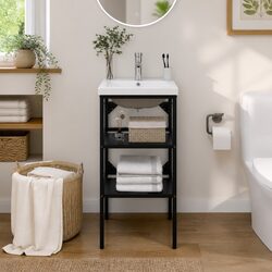 Bathroom Vanity Unit Black Iron Frame Built-in Ceramic Basin Washbasin Stand