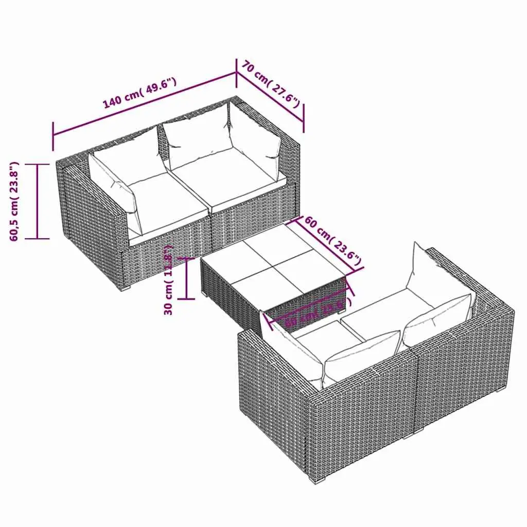 5 Piece Poly Rattan Garden Lounge Set with Cushions Outdoor Patio Furniture