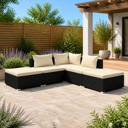 5 Piece Modular Garden Lounge Set: Steel Frame, Rattan, Cushions