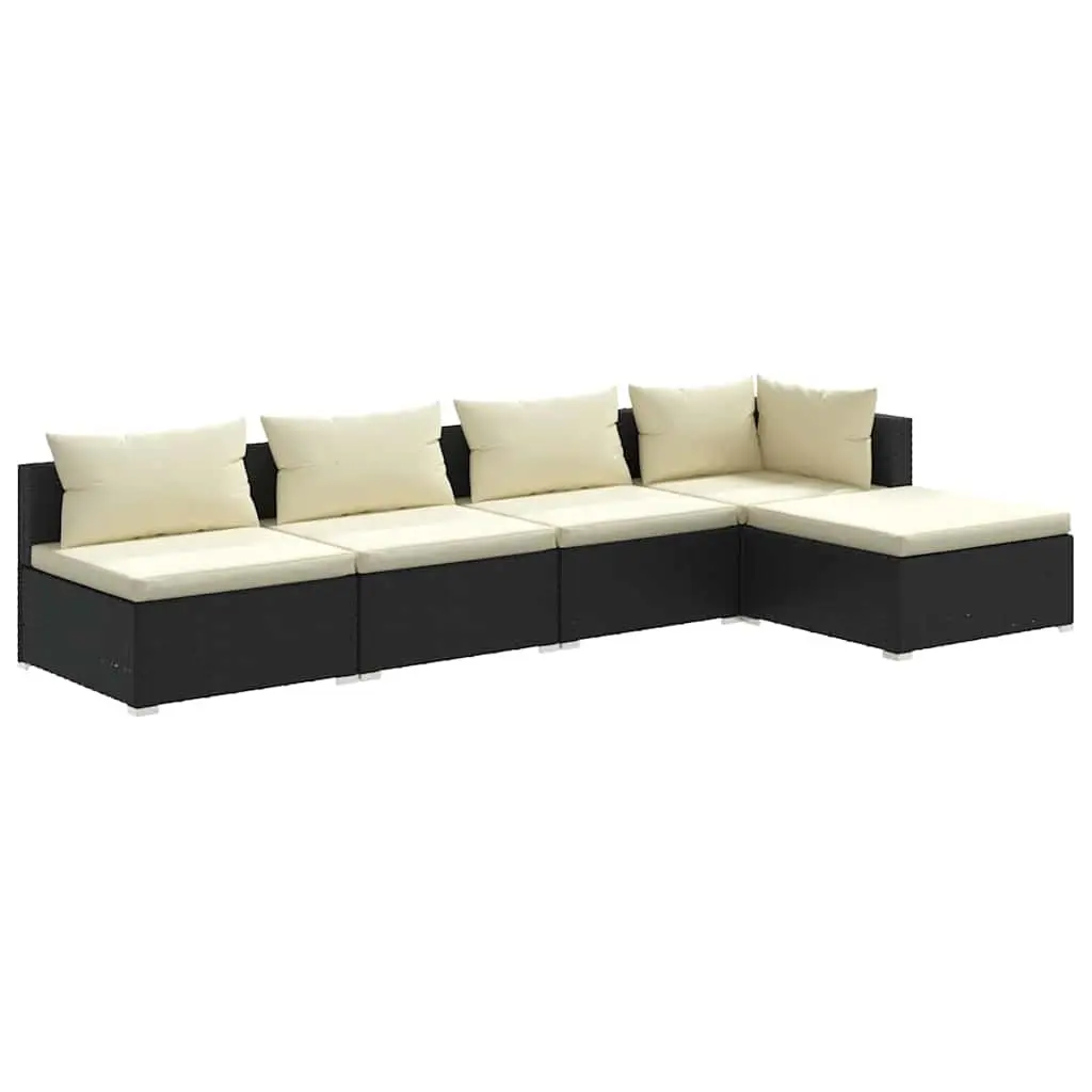 Modular Outdoor Lounge Set 5 Piece Black for Garden and Patio Waterproof PE Rattan with Cushions