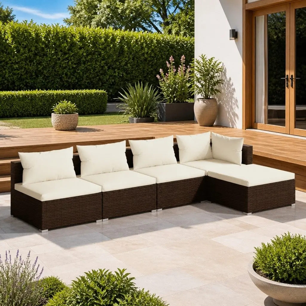5 Piece Garden Lounge Set Outdoor Furniture Poly Rattan with Cushions Brown