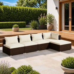 5 Piece Garden Lounge Set Outdoor Furniture Poly Rattan with Cushions Brown