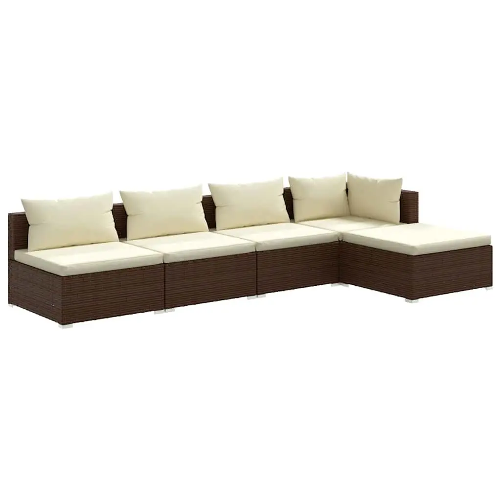 5 Piece Garden Lounge Set Outdoor Furniture Poly Rattan with Cushions Brown