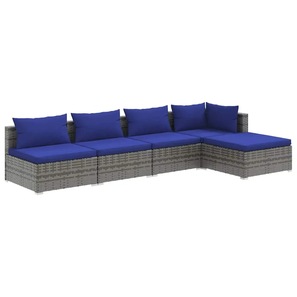 5 Piece Garden Lounge Set Outdoor Use Grey Poly Rattan Furniture with Cushions