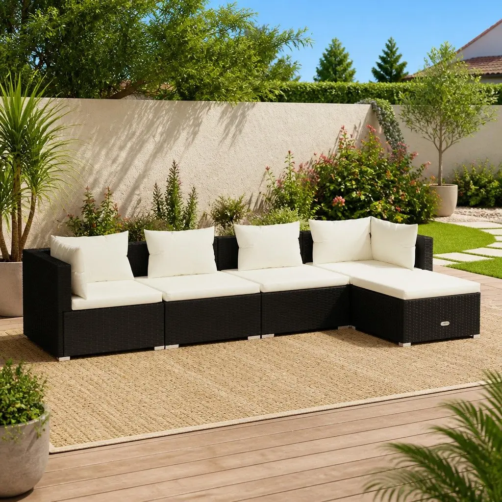 5 Piece Garden Lounge Set Outdoor Patio Sofa Modular Black Poly Rattan with Cushions
