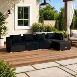 5 Piece Garden Lounge Set: Black Modular Rattan Furniture