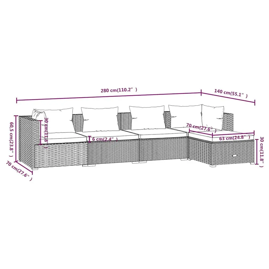 5 Piece Garden Lounge Set Grey Poly Rattan Outdoor Furniture
