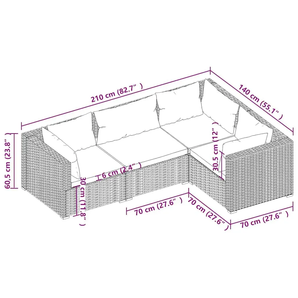 Modular Garden Lounge Set 4 Pieces Outdoor Furniture Black Cushions Poly Rattan