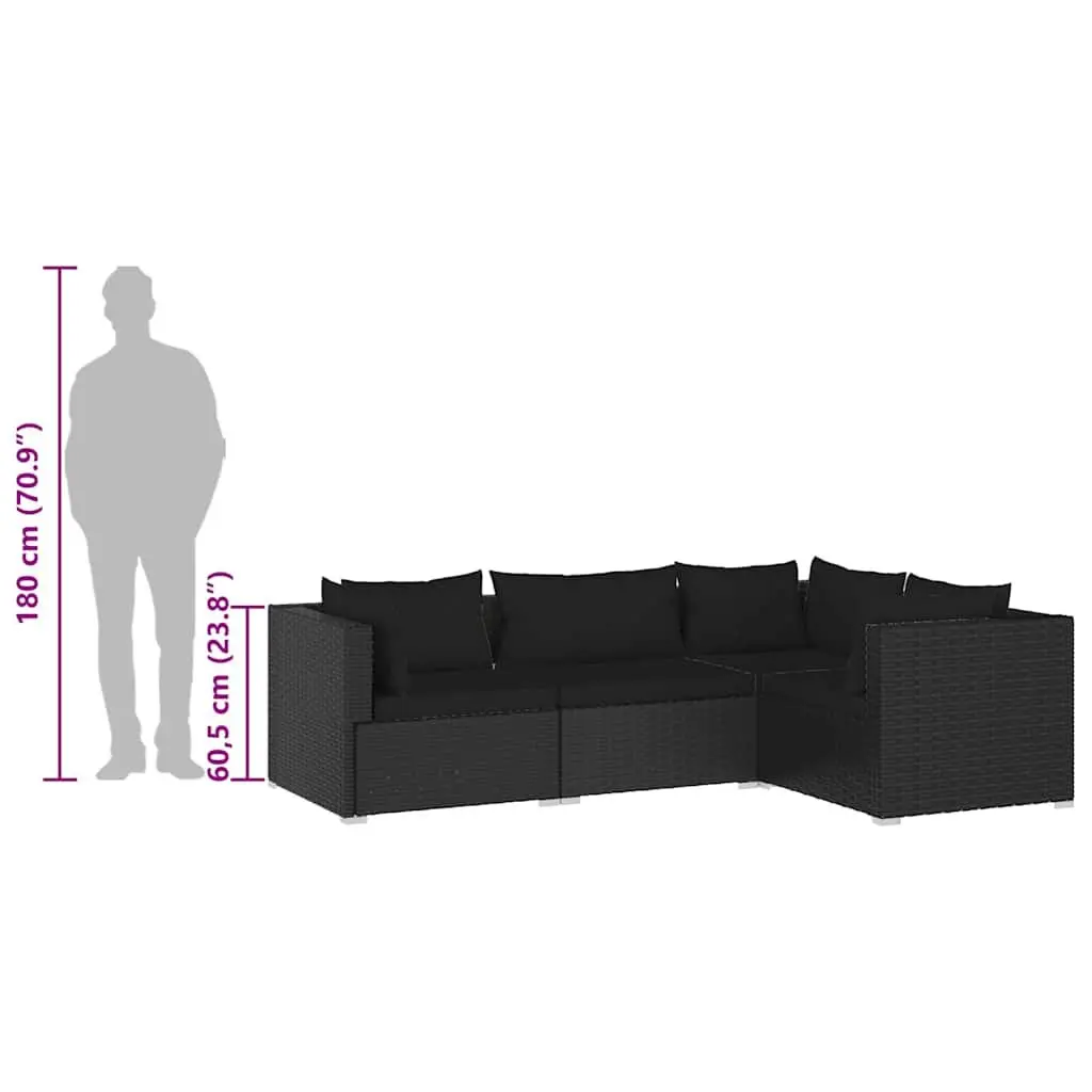 Modular Garden Lounge Set 4 Pieces Outdoor Furniture Black Cushions Poly Rattan